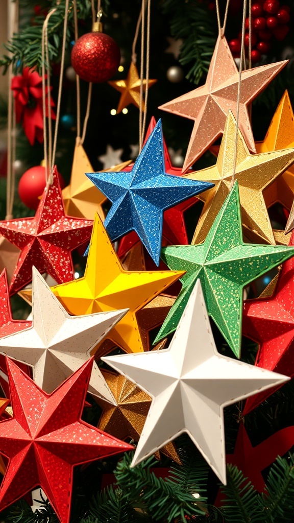Colorful 3D star decorations made from cardboard, displayed in a festive setting.